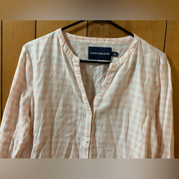 Calvin Klein Jeans pink gingham button up roll up tee short long sleeve top L - Picture 2 of 10